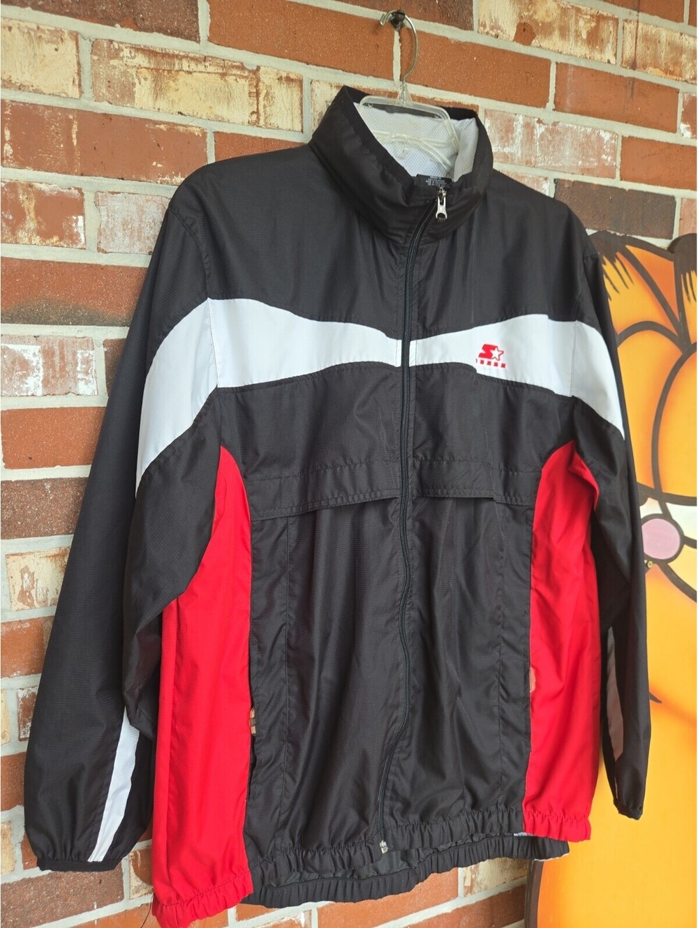 Vintage Starter Jacket Coat Mens M Black Red White Color Block Polyester Hooded